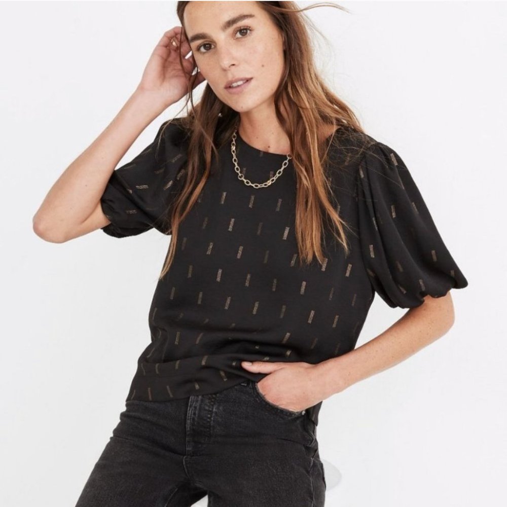 Madewell Black/Gold Metallic Jacquard Puff-Sleeve Blouse Excellent!! XS